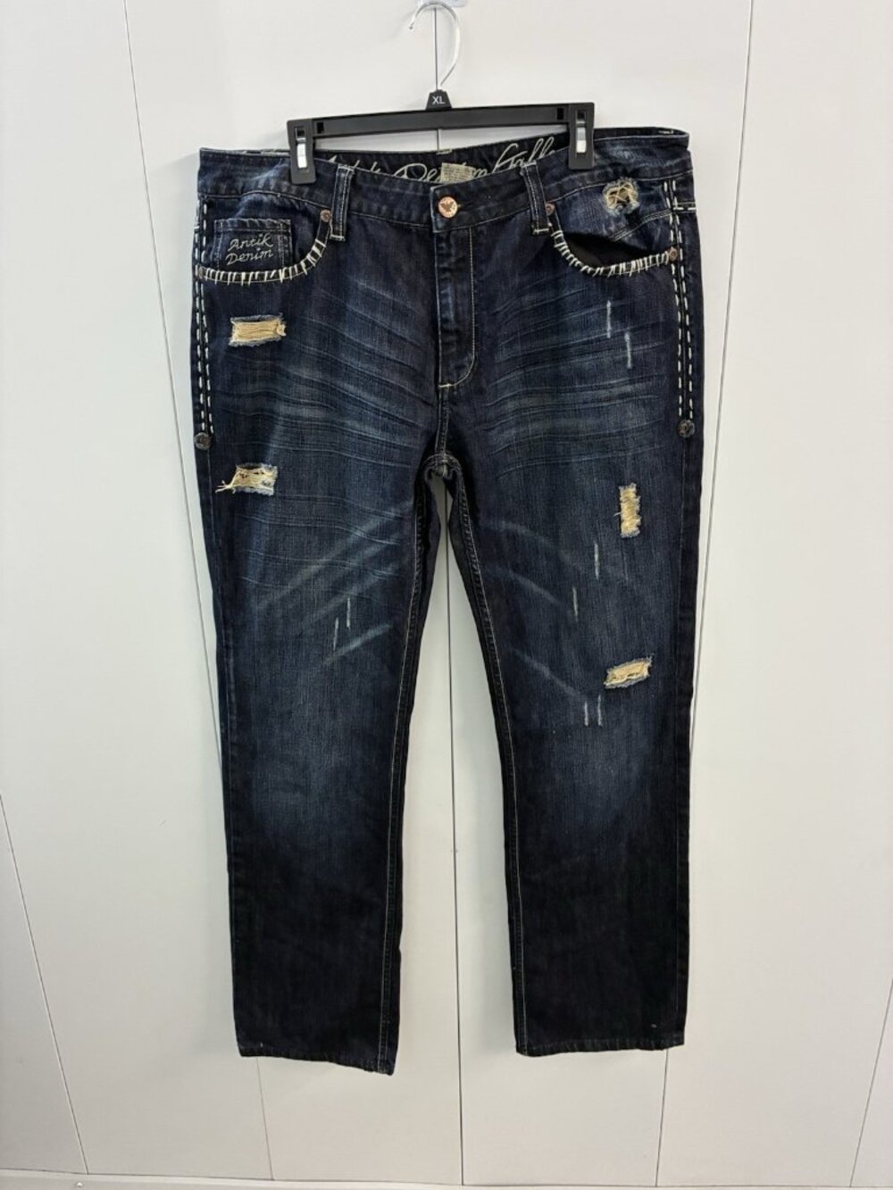 Antik Gallery Men’s Vintage Denim Embroiled Blue Distressed Jeans Size 38X35